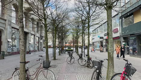 Bikes-Parked-On-The-Trees-In-The-Street-Near-The-Gustav-Adolfs-Square-In-Malmo,-Sweden