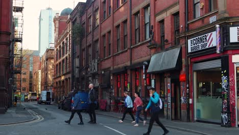 Typical-Buildings-In-Northern-Quarter-In-Manchester,-England,-UK,-Static-Shot