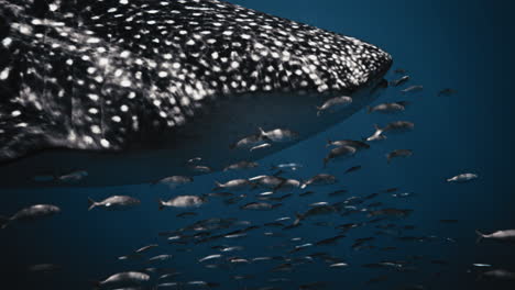 Detailed-closeup-of-whale-shark-in-slow-motion-turning-head-as-school-of-fish-follow