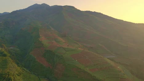 Vista-Panorámica-De-Drones-De-La-Montaña-Volcánica-Prau-Con-Grandes-Campos-De-Plantaciones