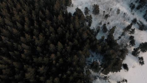 Aerial-drone-footage-of-a-sunny-day-with-clouds-over-a-winter-landscape,-including-a-forest-and-trees,-mountains-and-open-fields-in-Quebec,-Canada-during-Canadian-winter