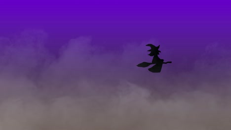 Animación-De-Halloween-Bruja-Negra-Volando-En-Escoba-Sobre-Fondo-Degradado-Brumoso-Púrpura-Y-Marrón