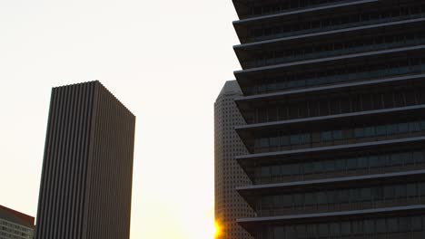 Low-angle-view-of-skyscrapers-in-downtown-Houston,-Texas