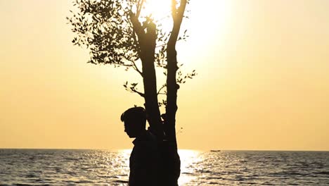 Silueta-De-Un-Viajero-Masculino-Caminando-Junto-A-Un-árbol-En-La-Playa-De-Guliakhali-Contra-El-Cielo-Anaranjado-Del-Atardecer