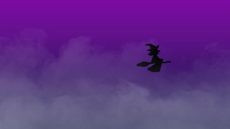 Animación-De-Halloween-Bruja-Negra-Volando-En-Escoba-Sobre-Fondo-Brumoso-Púrpura