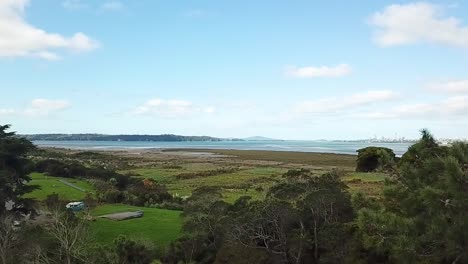 aerial-drone-shot,-rising-with-trees-and-land-in-the-foreground-and-sea-view-as-background-in-Auckland,-New-Zealand