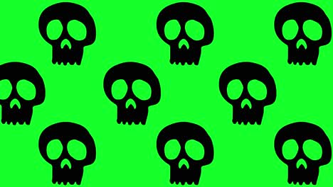 Animación-De-Fondo-De-Halloween-Grandes-Calaveras-Negras-Neutrales-Moviéndose-Hacia-La-Izquierda-Sobre-Fondo-Verde