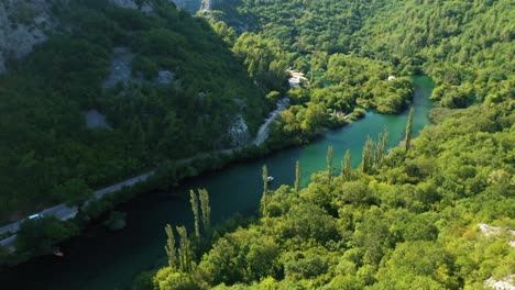 Aerial-footage-of-the-river-Cetina-near-Omis,-Croatia