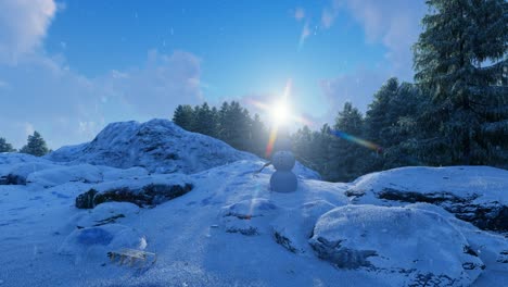 Winter,-natural-environment,-with-snowman-with-a-black-hat,-snow-falling,-clouds-passing-by,-sunset,-blue-sky,-pine-trees,-and-cliffs-3D-photorealistic-animation-static-camera