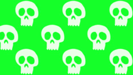 Animación-De-Fondo-De-Halloween-Grandes-Calaveras-Blancas-Neutras-Moviéndose-Hacia-La-Izquierda-Sobre-Fondo-Verde