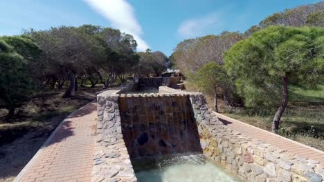 Water-feature-Video-of-Park-in-Spain,-near-Torrevieja-in-Valenciana,-with-several-small-waterfalls-and-pools