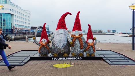 Pedestrian-Crossing-City-Square-With-Christmas-Art-Installation-In-Helsingborg-Sweden