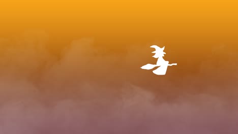 Animación-De-Halloween-Bruja-Blanca-Volando-En-Escoba-Sobre-Fondo-Degradado-Brumoso-Naranja-Y-Rojo