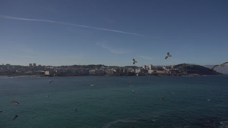 Ein-Schwarm-Möwen-Fliegt-über-Das-Meer-Mit-Blick-Auf-Die-Küstenlinie-Der-Stadt-In-Spanien