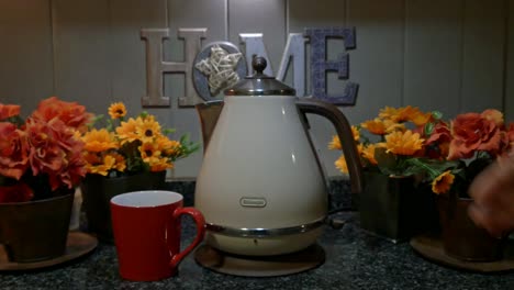 Hand-pouring-boiling-water-from-vintage-kettle-into-mug-to-make-coffee,-static