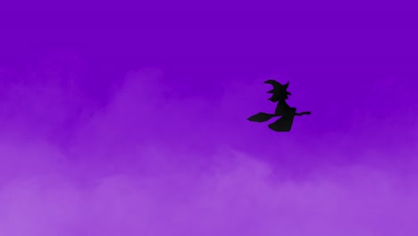 Halloween-Animation-Schwarze-Hexe-Fliegt-Auf-Besen-über-Nebligen-Hintergrund-Lila