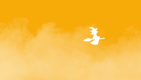 Halloween-animation-white-witch-flying-on-broomstick-over-foggy-solid-background-Orange