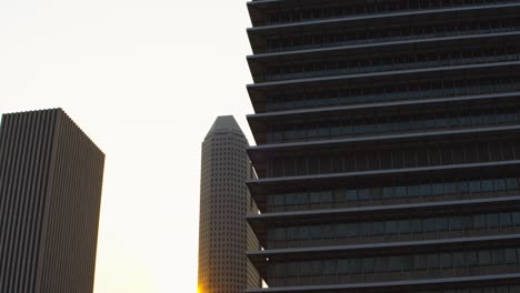 Low-angle-view-of-skyscrapers-in-downtown-Houston,-Texas