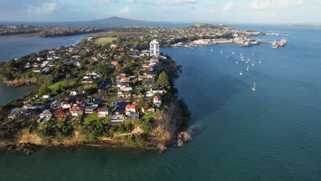 Aerial-View-Of-Buildings-And-Hotels-At-Stanley-Point-Suburb-In-Auckland,-New-Zealand