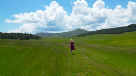 Beautiful-white-woman-in-a-purple-dress-walking-through-a-green-field-under-a-blue-sky-with-white-clouds