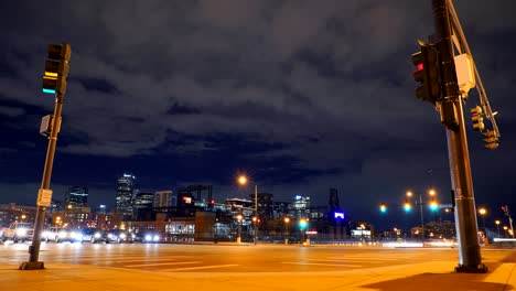 Time-lapse-of-night-traffic-in-front-of-the-Coors-Field-in-Denver,-Colorado