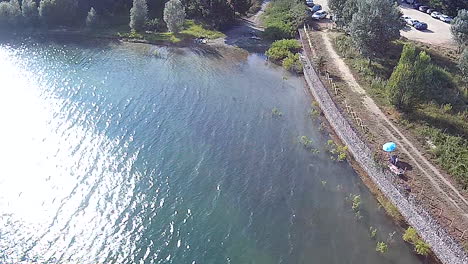 Lake-Bilancino,-Tuscany-ITaly---circa-July-2019---Aerial-view-of-the-isle-in-the-center-of-lake