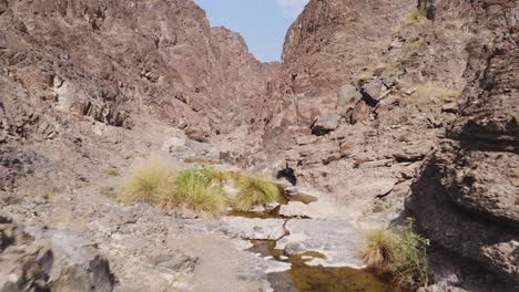 Junger-Mann-Springt-Von-Einem-Hohen-Felsen,-Während-Er-Einen-Tag-Voller-Schwimmen-In-Einem-Natürlichen-Süßwasserpool-In-Einem-Trockenen,-Trockenen-Wadi-Tal-Genießt