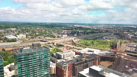 Aerial-drone-shot-over-the-Lower-Downtown-district-of-Denver