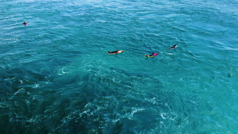 Drohne-Fliegt-Auf-Vier-Surfer-Zu,-Die-Auf-Einem-Klaren,-Blaugrünen-Ozean-Schwimmen