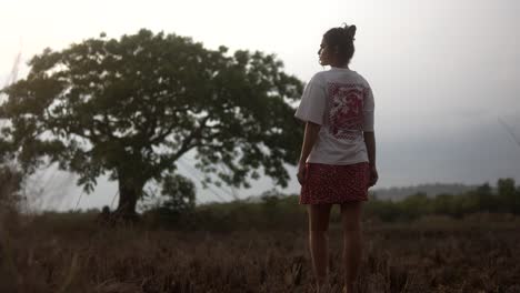 Woman-stands-in-a-field-during-sunset,-looking-at-a-large-tree