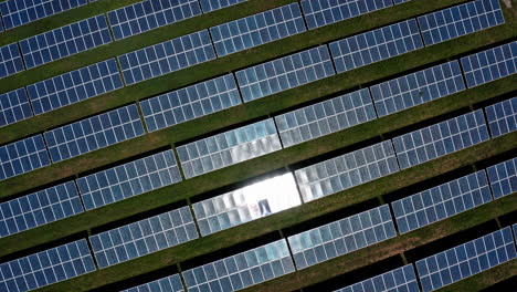 A-solar-farm-with-rows-of-panels-reflecting-sunlight,-aerial-view