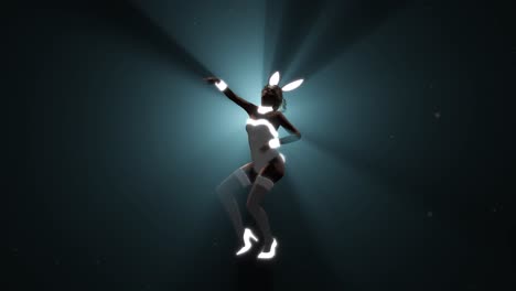 Wunderschönes-3D-Hasenmädchen,-Das-Vor-Volumetrischem-Licht-Auf-Schwarzem-Hintergrund-Mit-Staubpartikeln-Tanzt-Und-Auftritt