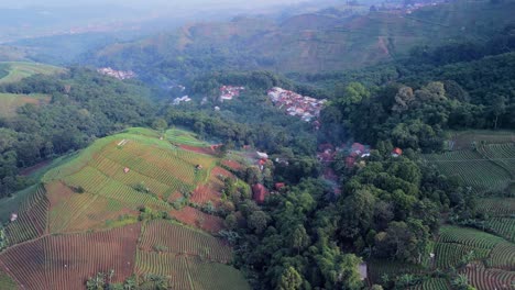 Plantación-De-Panyaweuyan-Con-Una-Ciudad-Remota-Ubicada-En-Los-Cultivos-Agrícolas-En-Terrazas,-Paisaje-De-Indonesia