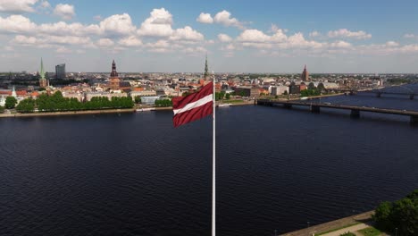 Latvian-Flag-Waving-in-Wind-with-Riga-Old-Town-in-Background-on-Summer-Day