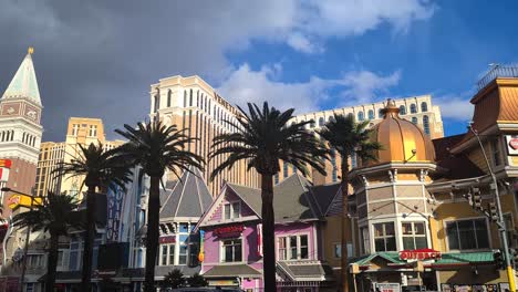 Las-Vegas-Strip-on-Daylight,-Casino,-Shops-and-Traffic,-Panorama