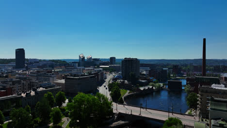 Establishing-drone-shot-of-downtown-Tampere,-sunny,-summer-day-in-Finland