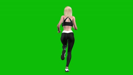 3D-female-athlete-wearing-sports-outfit,-tight-fit-black-sportswear,-running-on-green-screen,-3D-loop-animation,-back-view