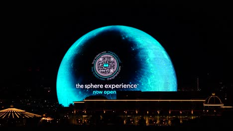 Las-Vegas-USA,-The-Sphere-Experience-Venue-at-Night,-Animation-and-Lights