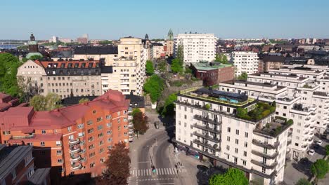 Beautiful-Aerial-View-Above-Scenic-Neighborhood-in-Stockholm,-Sweden