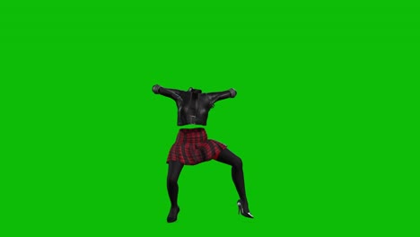 3D-invincible-woman-wearing-leather-jacket,-short-skirt-and-high-heels,-dancing-on-green-screen,-3D-animation