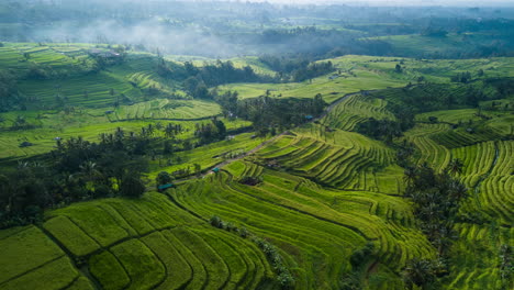 Rauchnebel-Zieht-über-Terrassierten-Reisfeldern,-Drohnen-Hyperlapse-Mit-Ziehenden-Wolken-Und-Wechselndem-Licht-über-Den-Vulkanischen-Hängen-Von-Jatiluwih,-Bali,-Indonesien