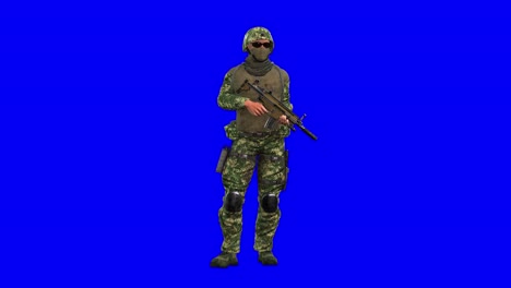 UN-soldier-wearing-military-uniform-with-combat-helmet,-face-mask,-glasses,-back-pack,-and-machine-gun,-standing-idle-on-blue-screen,-3D-animation,-front-view