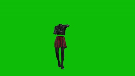 3D-invincible-woman-wearing-leather-jacket,-short-skirt-and-high-heels,-dancing-on-green-screen,-3D-animation