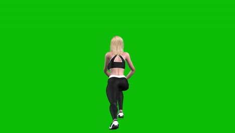 3D-female-athlete-wearing-sports-outfit,-tight-fit-black-sportswear,-performing-squad-stretches-on-green-screen,-3D-loop-animation,-back-view