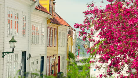 Cozy-alley-in-Bergen,-Norway-with-old-wooden-houses
