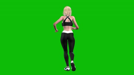 3D-female-athlete-wearing-sports-outfit,-tight-fit-black-sportswear,-jogging-on-green-screen,-3D-loop-animation,-back-view