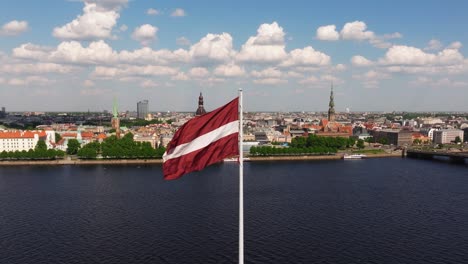 Drone-Orbits-Around-Latvian-Flag-Blowing-in-Wind