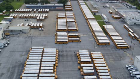 Drone-view-of-yellow-school-buses-perfectly-parked-in-parking-lot