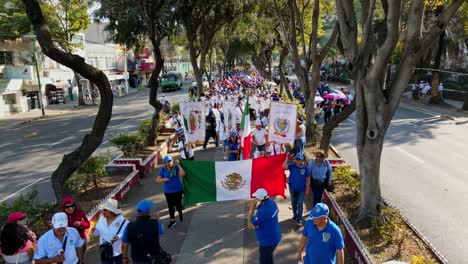 Dolly-Siguiendo-Una-Peregrinación-Con-Una-Bandera-Mexicana-A-La-Basílica-De-Guadalupe,-Ciudad-De-México,-En-Un-Día-Soleado.