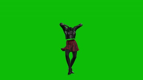 3D-invincible-woman-wearing-leather-jacket,-short-skirt-and-high-heels,-dancing-on-green-screen,-3D-animation